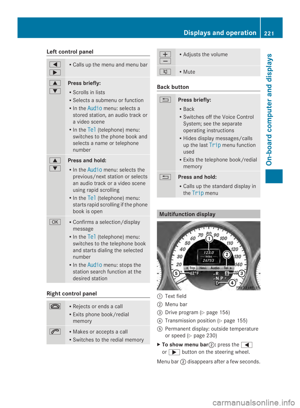 MERCEDES-BENZ CLS 2014  Owners Manual Left control panel
�\n
�
RCalls up themenuand menubar
�
�
Press briefly:
RScrolls in lists
RSelectsasubmenu or function
RIn theAudiomenu: selects a
stored station, an audio track or
avideo scene
RI