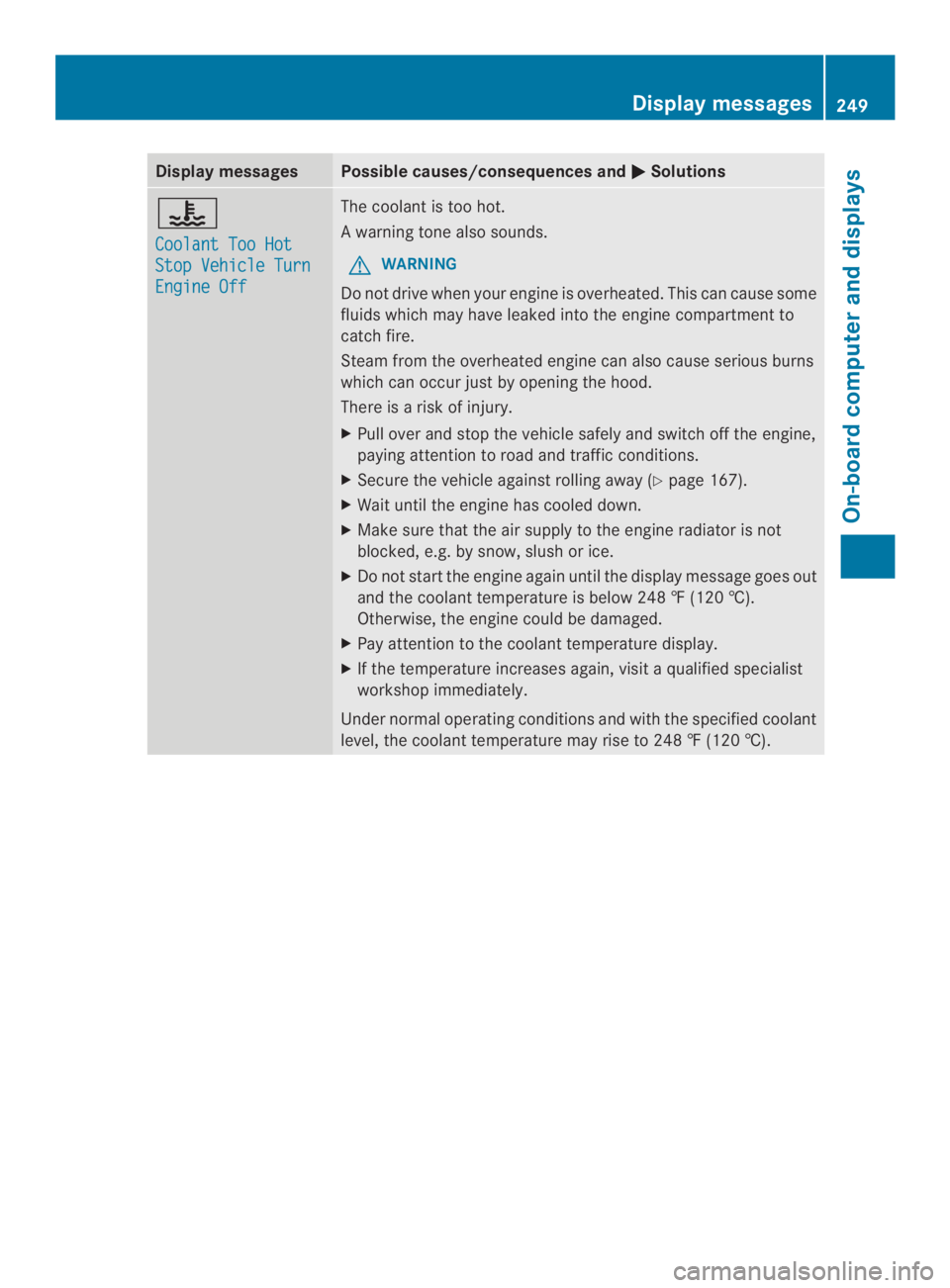 MERCEDES-BENZ CLS 2014  Owners Manual Display messagesPossible causes/consequences and�Solutions
�
CoolantToo Hot
StopVehicleTurn
Engine Off
The coolantistoo hot.
Awarning tone also sounds.
GWARNING
Do notdrive when yourengine is overhe