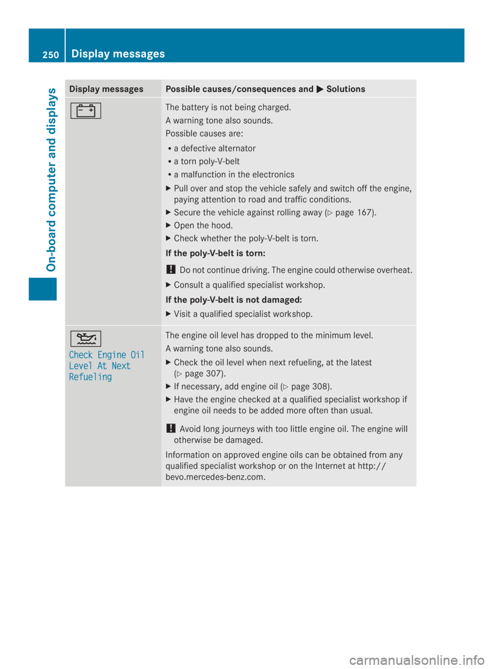 MERCEDES-BENZ CLS 2014  Owners Manual Display messagesPossible causes/consequences and�Solutions
�The battery is notbeing charged.
Awarning tone also sounds.
Possible causes are:
Radefective alternator
Ratornpoly-V-belt
Ramalfunctionint