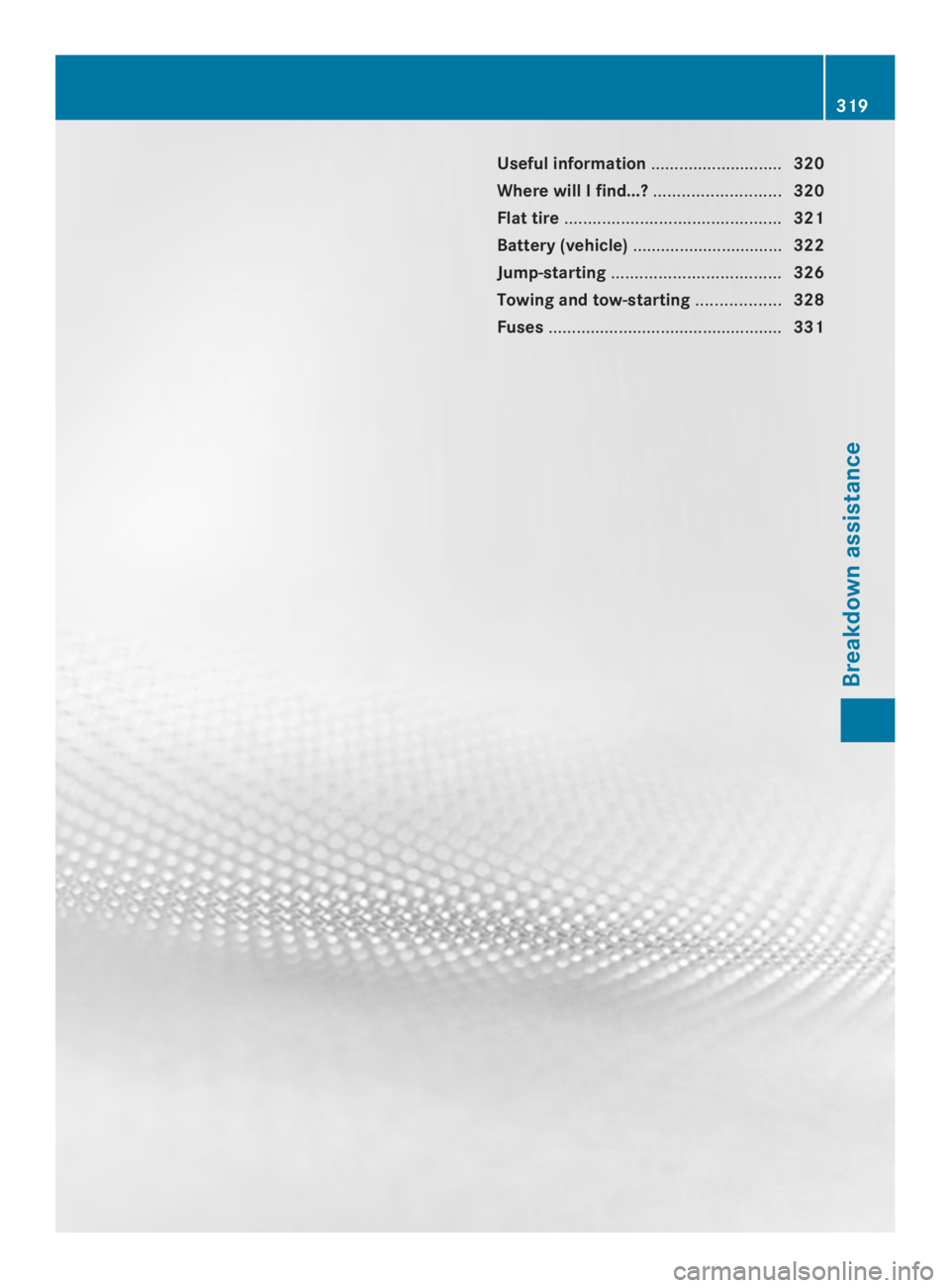 MERCEDES-BENZ CLS 2014  Owners Manual Useful information............................320
WherewillIfind...?...........................320
Flat tire..............................................321
Battery(vehicle)..........................