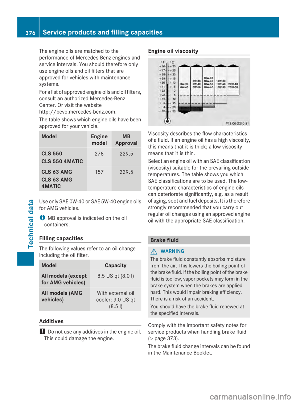 MERCEDES-BENZ CLS 2014  Owners Manual The engine oils are matched to the
performance of Mercedes-Benz engines and
service intervals. You should therefore only
use engine oils and oil filters that are
approved for vehicles with maintenance