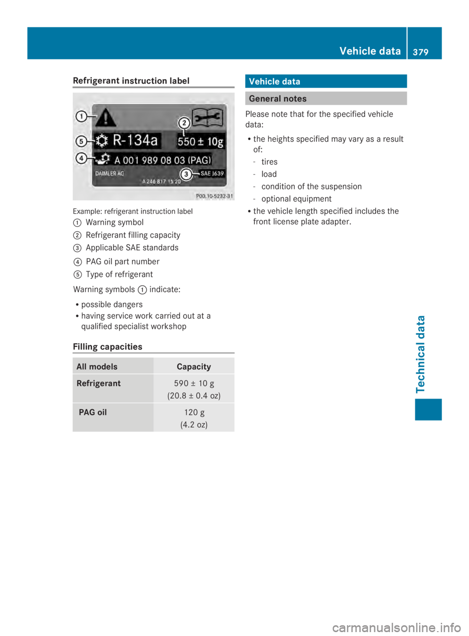 MERCEDES-BENZ CLS 2014  Owners Manual Refrigerantinstruction label
Example:refrigerantinstruction label
�Warning symbol
�Refrigerant filling capacity
�$Applicable SAE standards
�!PAG oil part number
�Type of refrigerant
Warning symbols