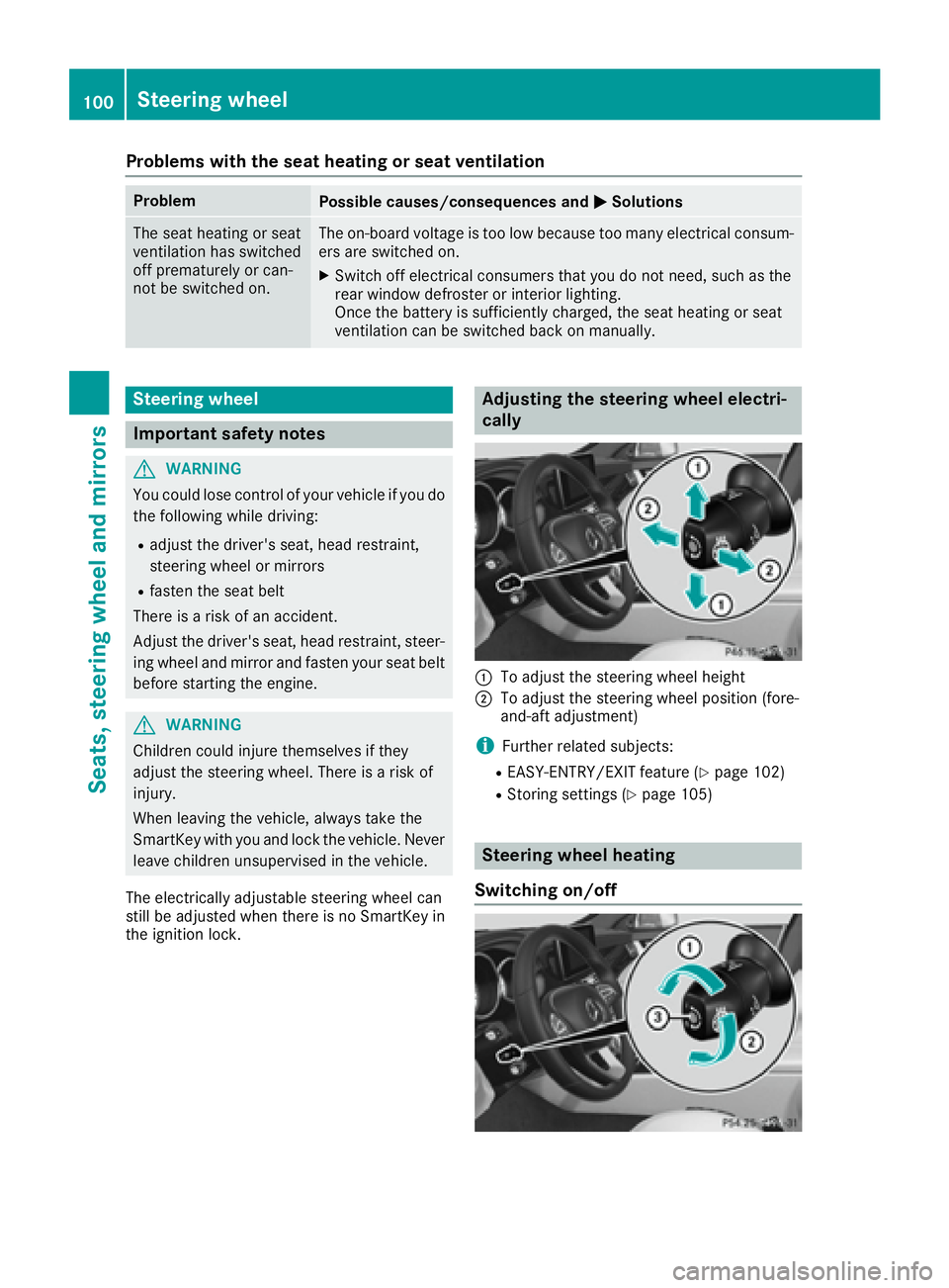 MERCEDES-BENZ CLS 2016  Owners Manual Problems with the seat heating or seat ventilation Problem
Possible causes/consequences and �P Solutions
The seat heating or seat
ventilation has switched
off prematurely or can-
not be switched on. T