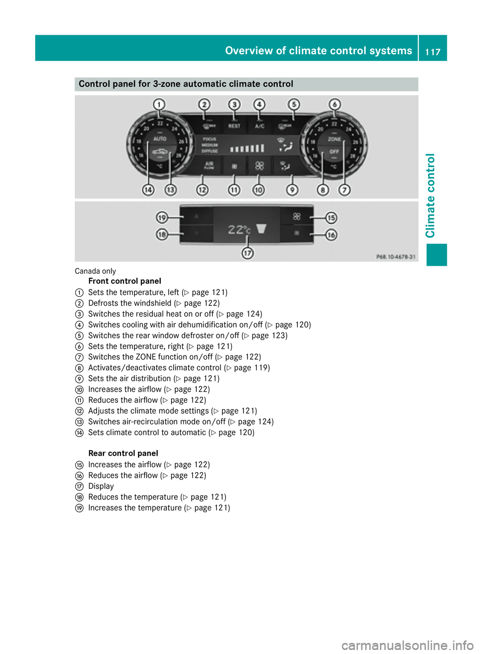 MERCEDES-BENZ CLS 2016  Owners Manual Control panel for 3-zone automatic climate control
Canad a only
Front control panel�C
Sets the temperature, left ( Y
page 121)�D
Defrosts the windshield ( Y
page 122)�