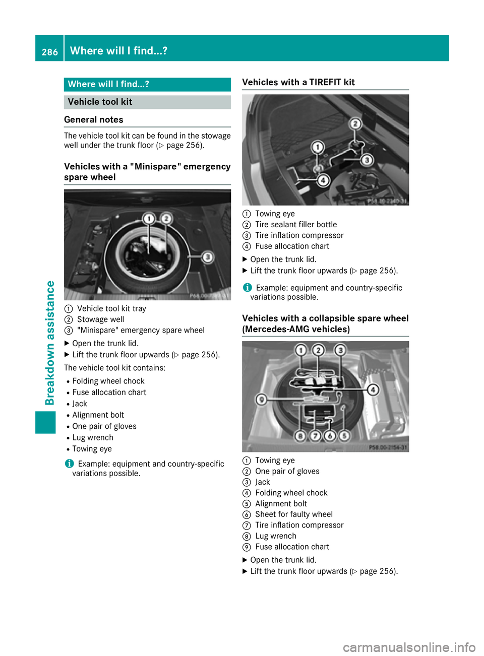 MERCEDES-BENZ CLS 2016  Owners Manual Where will I find...?
Vehicle tool kit
General notes The vehicle tool kit can be found in the stowage
well under the trunk floor ( Y
page 256).
Vehicles with a "Minispare" emergency
spare whee