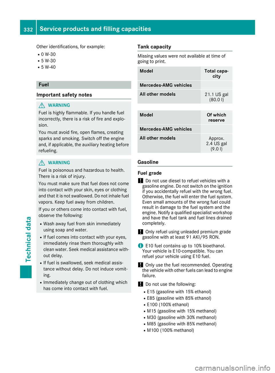 MERCEDES-BENZ CLS 2016  Owners Manual Other identifications, for example: R
0 W-30 R
5 W-30 R
5 W-40
Fuel
Important safety notes
G WARNING
Fuel is highly flammable. If you handle fuel
incorrectly, there is a risk of fire and explo-
sion.
