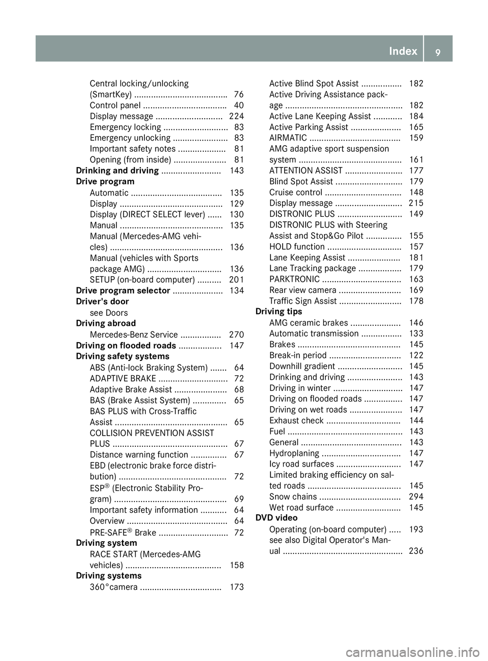 MERCEDES-BENZ CLS 2018  Owners Manual Central locking/unlocking
(SmartKey) ...................................... .7 6
Control panel .................................. .4 0
Display message ............................ 224
Emergency lockin