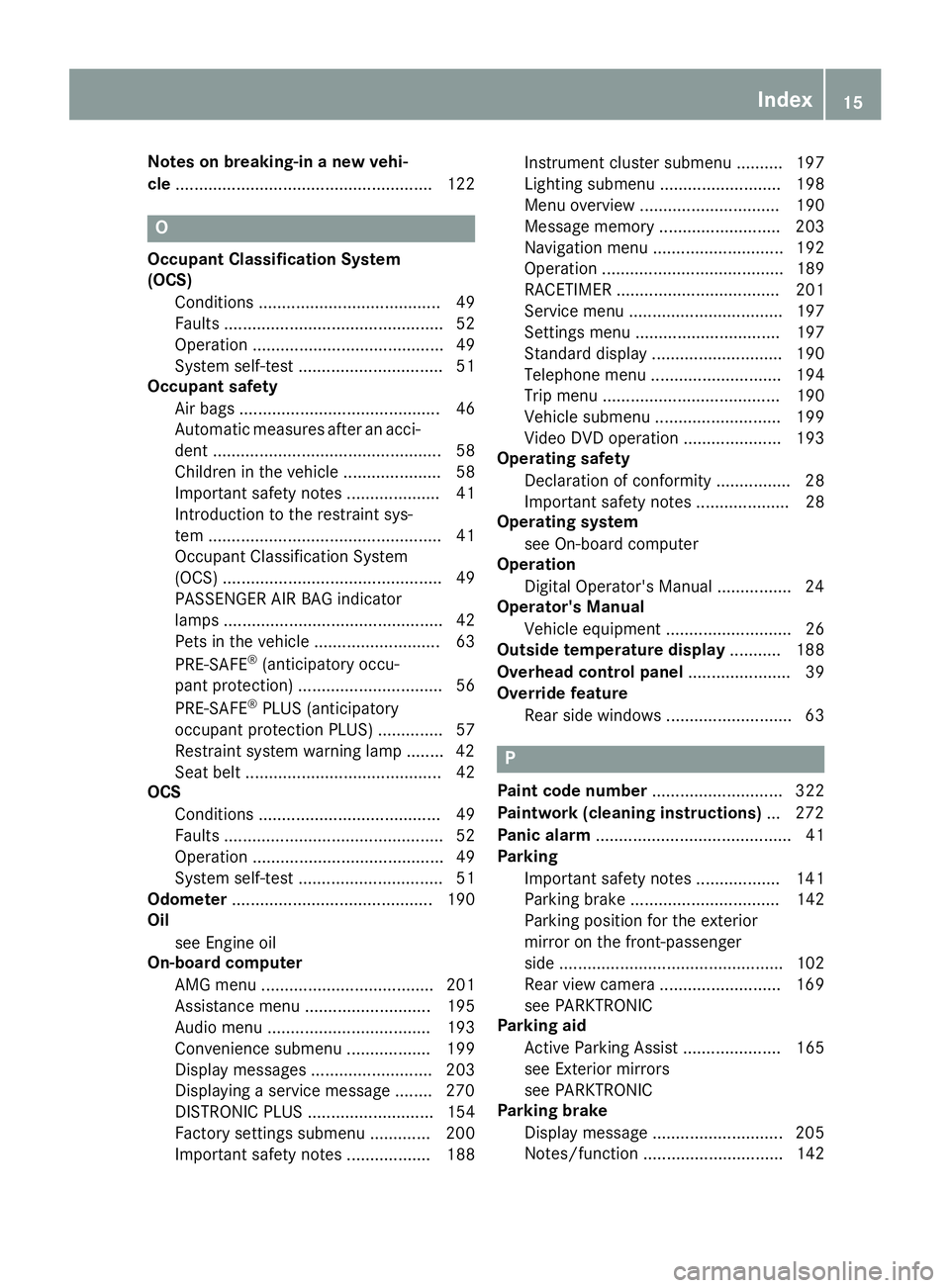 MERCEDES-BENZ CLS 2018  Owners Manual Notes on breaking-in a new vehi-
cle ....................................................... 122
O Occupant Classification System
(OCS)
Conditions ....................................... 49
Faults ...