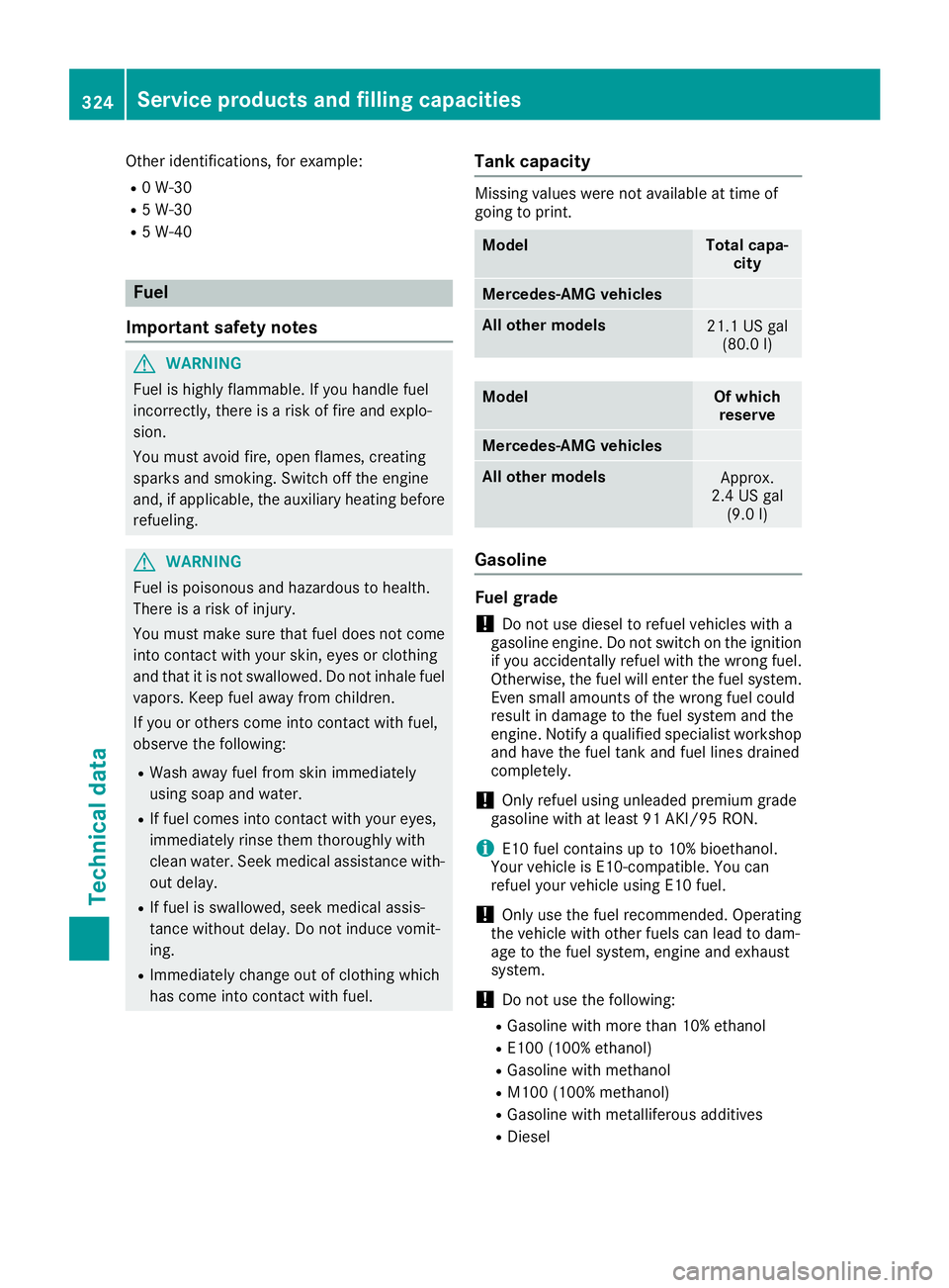 MERCEDES-BENZ CLS 2018  Owners Manual Other identifications, for example: R
0 W-30 R
5 W-30 R
5 W-40
Fuel
Important safety notes
G WARNING
Fuel is highly flammable. If you handle fuel
incorrectly, there is a risk of fire and explo-
sion.
