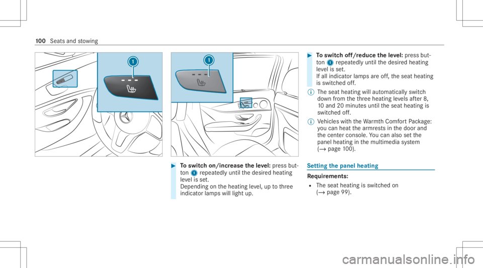 MERCEDES-BENZ CLS 2020 Owners Manual #
Toswitc hon/incr easetheleve l:pr ess but‐
to n1 repeat edly until thedesir edheating
le ve lis set.
Depe ndingon theheating leve l,up tothre e
indic ator lam pswill light up. #
Toswitc hof f/r ed MERCEDES-BENZ CLS 2020 Owners Manual #
Toswitc hon/incr easetheleve l:pr ess but‐
to n1 repeat edly until thedesir edheating
le ve lis set.
Depe ndingon theheating leve l,up tothre e
indic ator lam pswill light up. #
Toswitc hof f/r ed