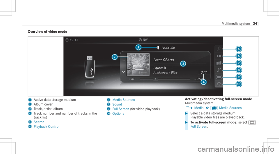 MERCEDES-BENZ CLS 2020 Owners Manual Ov
ervie wof video mode 1
Activeda ta stor ag emedium
2 Album cover
3 Trac k, artis t,album
4 Trac knum berand num beroftrac ks inthe
tr ac klist
5 Search
6 Play ba ck Control 7
Med iaSou rces
8 Sound MERCEDES-BENZ CLS 2020 Owners Manual Ov
ervie wof video mode 1
Activeda ta stor ag emedium
2 Album cover
3 Trac k, artis t,album
4 Trac knum berand num beroftrac ks inthe
tr ac klist
5 Search
6 Play ba ck Control 7
Med iaSou rces
8 Sound