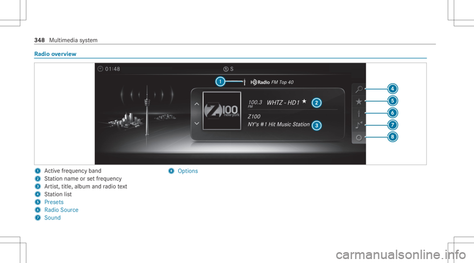 MERCEDES-BENZ CLS 2020 Owners Manual Ra
dio overview 1
Activefreq uency band
2 Statio nnam eor setfr eq uenc y
3 Artis t,tit le, album andradio text
4 Statio nlis t
5 Pres ets
6 Radio Source
7 Soun d 8
Options 34
8
Multimedia system MERCEDES-BENZ CLS 2020 Owners Manual Ra
dio overview 1
Activefreq uency band
2 Statio nnam eor setfr eq uenc y
3 Artis t,tit le, album andradio text
4 Statio nlis t
5 Pres ets
6 Radio Source
7 Soun d 8
Options 34
8
Multimedia system