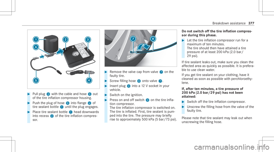 MERCEDES-BENZ CLS 2020 Owners Manual #
Pull plug 4withth ecable andhose 5out
of thetir einf lation compressor housing. #
Push theplug ofhose 5intoflang e6 of
tir esealan tbo ttle 1 untilth eplug engages. #
Place tiresealant bottle 1 head MERCEDES-BENZ CLS 2020 Owners Manual #
Pull plug 4withth ecable andhose 5out
of thetir einf lation compressor housing. #
Push theplug ofhose 5intoflang e6 of
tir esealan tbo ttle 1 untilth eplug engages. #
Place tiresealant bottle 1 head