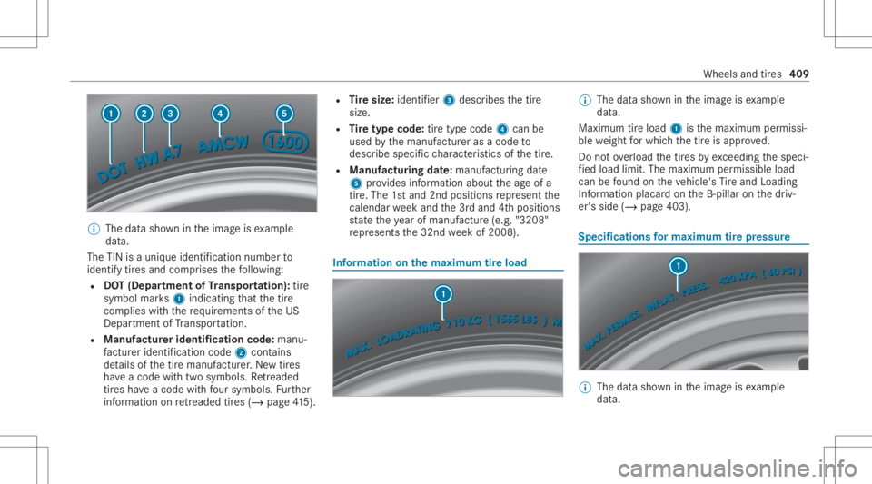 MERCEDES-BENZ CLS 2020 Owners Manual %
The datasho wnintheimag eis exam ple
dat a.
The TINisauniq ueiden tificat ion num berto
ident ifytires and comprises thefo llo wing:
R DOT(Depar tment ofTranspo rtation ):tir e
symb olmar ks1 indic MERCEDES-BENZ CLS 2020 Owners Manual %
The datasho wnintheimag eis exam ple
dat a.
The TINisauniq ueiden tificat ion num berto
ident ifytires and comprises thefo llo wing:
R DOT(Depar tment ofTranspo rtation ):tir e
symb olmar ks1 indic