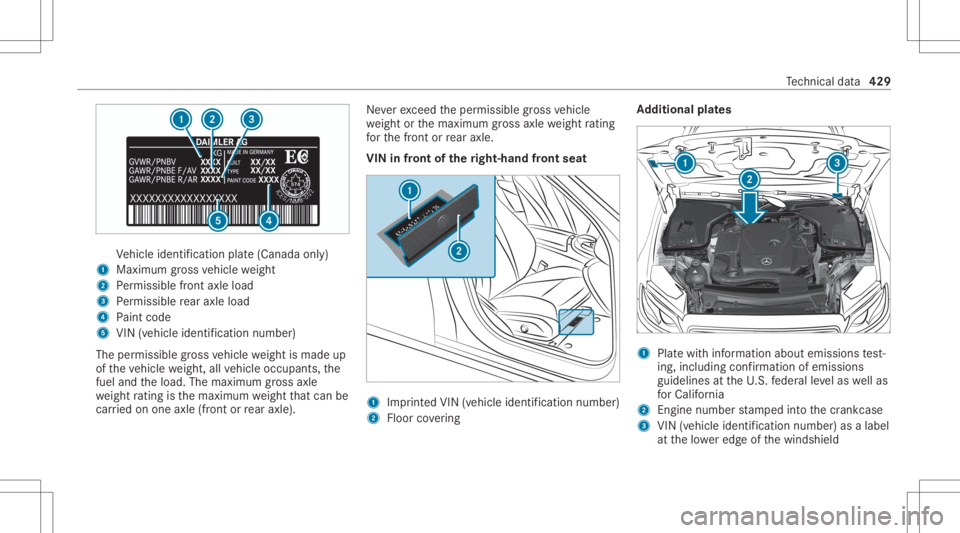 MERCEDES-BENZ CLS 2020 Owners Manual Ve
hicle identif ication plate(Canada only)
1 Maximum gross vehicle weight
2 Perm issible front axle load
3 Perm issible rear axle load
4 Paint code
5 VIN (vehicle identificat ion numb er)
The permiss MERCEDES-BENZ CLS 2020 Owners Manual Ve
hicle identif ication plate(Canada only)
1 Maximum gross vehicle weight
2 Perm issible front axle load
3 Perm issible rear axle load
4 Paint code
5 VIN (vehicle identificat ion numb er)
The permiss