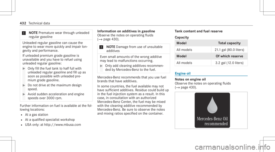 MERCEDES-BENZ CLS 2020 Owners Manual *
NO
TEPrema ture wearthro ugh unleaded
re gular gasoline Un
leade dre gular gasoline cancause the
engine towe armor equ ickl yand impair lon‐
ge vity and perform anc e.
If unle aded premium grade g MERCEDES-BENZ CLS 2020 Owners Manual *
NO
TEPrema ture wearthro ugh unleaded
re gular gasoline Un
leade dre gular gasoline cancause the
engine towe armor equ ickl yand impair lon‐
ge vity and perform anc e.
If unle aded premium grade g