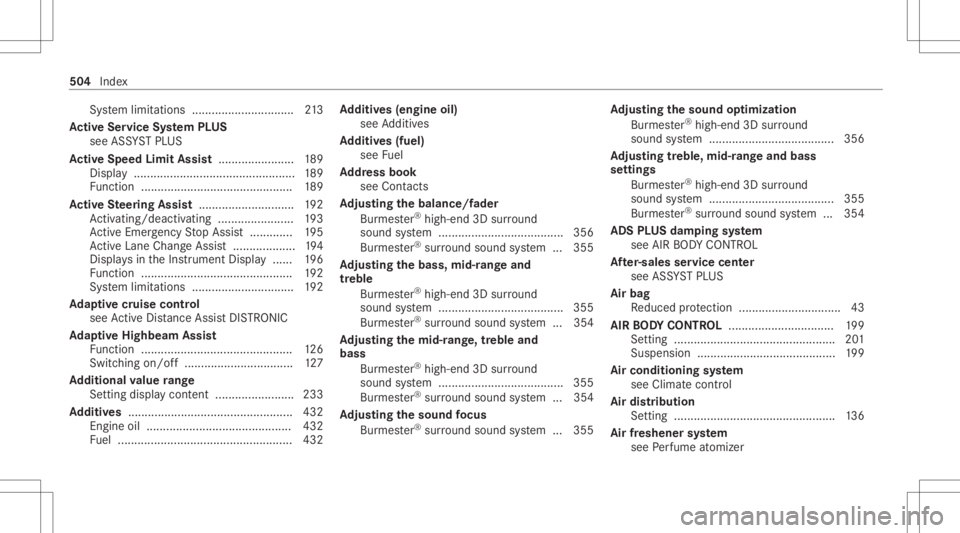 MERCEDES-BENZ CLS 2020 Owners Manual Sy
stem limit ations ........................... ....2 13
Ac tiv eSe rvice System PLUS
see ASSYST PLUS
Ac tiv eSpe edLimit Assist <0011001100110011001100110011001100110011001100110011001100110011
0011 MERCEDES-BENZ CLS 2020 Owners Manual Sy
stem limit ations ........................... ....2 13
Ac tiv eSe rvice System PLUS
see ASSYST PLUS
Ac tiv eSpe edLimit Assist <0011001100110011001100110011001100110011001100110011001100110011
0011