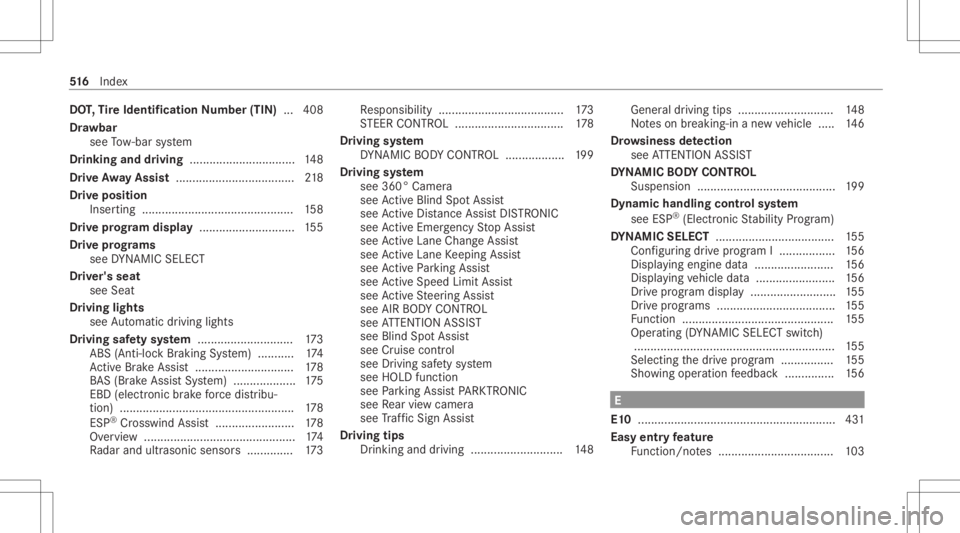 MERCEDES-BENZ CLS 2020 Owners Manual DO
T,Tire Iden tificat ionNumbe r(TI N) ... 408
Dr aw bar
see Tow- bar system
Dr inking anddriving ................................ 148
Dr ive Awa yAssis t.... ................................ 218
Dr MERCEDES-BENZ CLS 2020 Owners Manual DO
T,Tire Iden tificat ionNumbe r(TI N) ... 408
Dr aw bar
see Tow- bar system
Dr inking anddriving ................................ 148
Dr ive Awa yAssis t.... ................................ 218
Dr