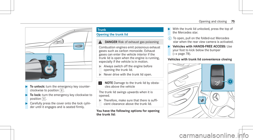 MERCEDES-BENZ CLS 2020 Manual PDF #
Tounlo ck:tur nth eemer gency keyco unt er-
clo ckwise toposition 0047. #
Toloc k:tur nth eemer gency keyclo ckwise to
position 0047. #
Carefully press theco veront oth eloc kcyli n‐
der until ite MERCEDES-BENZ CLS 2020 Manual PDF #
Tounlo ck:tur nth eemer gency keyco unt er-
clo ckwise toposition 0047. #
Toloc k:tur nth eemer gency keyclo ckwise to
position 0047. #
Carefully press theco veront oth eloc kcyli n‐
der until ite