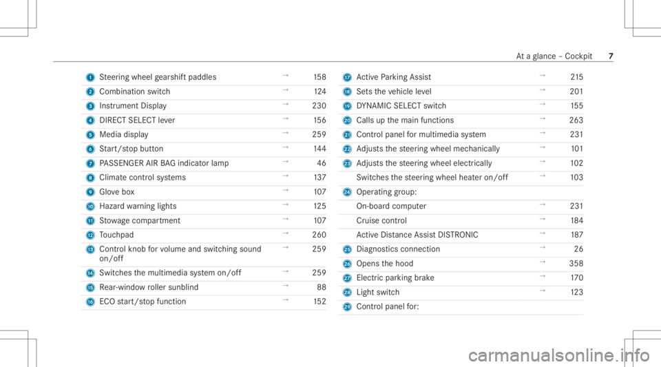 MERCEDES-BENZ CLS 2020 Owners Manual 1
Steer ing wheel gearshif tpaddles →
158
2 Comb inationswit ch →
124
3 Instrument Display →
230
4 DIRECT SELECT leve r →
156
5 Media display →
259
6 Start/ stop butt on →
144
7 PASSENGER MERCEDES-BENZ CLS 2020 Owners Manual 1
Steer ing wheel gearshif tpaddles →
158
2 Comb inationswit ch →
124
3 Instrument Display →
230
4 DIRECT SELECT leve r →
156
5 Media display →
259
6 Start/ stop butt on →
144
7 PASSENGER