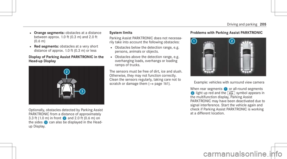 MERCEDES-BENZ CLS 2021 Owners Manual R
Orang esegments: obstacle sat adi st anc e
be tween appr ox.1. 0 ft (0.3 m)and 2.0ft
(0.6 m)
R Redse gme nts: obstacle sat ave ry shor t
dis tance ofapprox .1. 0 ft (0.3 m)orless
Displa yof Parking MERCEDES-BENZ CLS 2021 Owners Manual R
Orang esegments: obstacle sat adi st anc e
be tween appr ox.1. 0 ft (0.3 m)and 2.0ft
(0.6 m)
R Redse gme nts: obstacle sat ave ry shor t
dis tance ofapprox .1. 0 ft (0.3 m)orless
Displa yof Parking