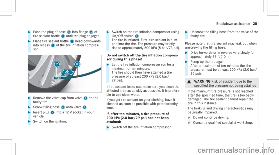 MERCEDES-BENZ CLS 2021  Owners Manual #
Push theplug ofhose 5intoflang e6 of
tir esealan tbo ttle 1 untilth eplug engages. #
Place tiresealant bottle 1 head down wards
int ore cess 2ofthetir einf lation compres‐
sor . #
Remo vetheva lve