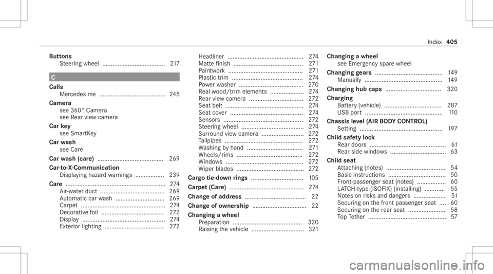 MERCEDES-BENZ CLS 2021  Owners Manual Butt
ons
St eer ing wheel .....................................2 17 C
Calls Mer cedesme .......................................2 45
Camer a
see 360° Camer a
see Rear vie wcam era
Car key
see Smar tKe