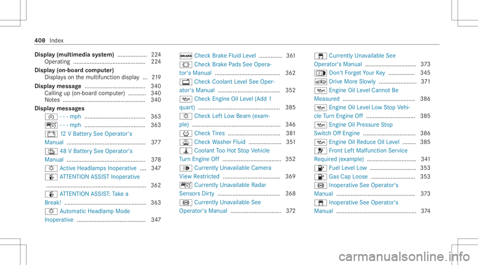 MERCEDES-BENZ CLS 2021  Owners Manual Disp
lay(m ult imedi asy stem) .................. 224
Operating ............ ................................ 224
Displa y(on-boa rdcom puter)
Dis play son themultifunc tiondispla y... 219
Disp laymes