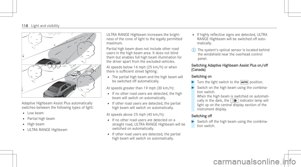 MERCEDES-BENZ CLS 2022  Owners Manual Ad
aptiveHig hbeam AssistPlu saut omati cally
switc hesbetween thefo llo wing types oflight:
R Lowbeam
R Partial high beam
R High beam
R ULTRA RANGEHighbeam UL
TRA RANGEHighbeam increases thebr ight-
