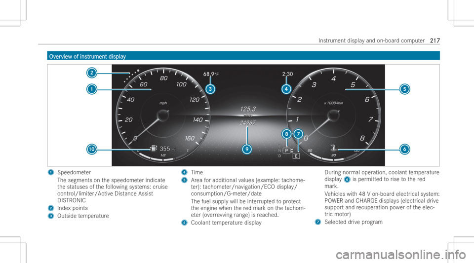 MERCEDES-BENZ CLS 2022  Owners Manual OvOv
er er
vie vie
wof ins w
of ins tr tr
ument display ument
display 1
Speedo meter
The segm entsonthespeedome terindicat e
th estatuses ofthefo llo wing systems: cruise
contr ol/limit er/ActiveDist 