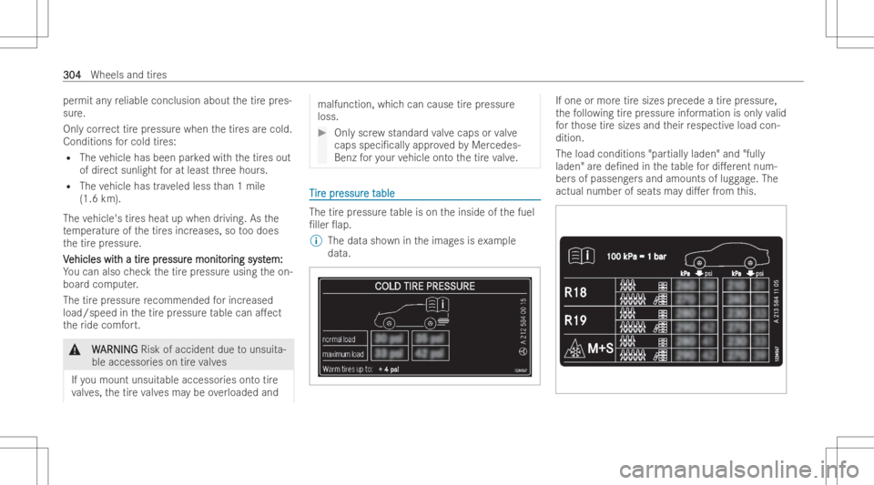 MERCEDES-BENZ CLS 2022  Owners Manual per
mit anyre liable conclusion aboutthetir epr es-
sur e.
Onl ycor rect tirepr essur ewhen thetir es arecold.
Conditions forcold tires:
R The vehicle hasbeen parkedwit hth etir es out
of dir ect sunl