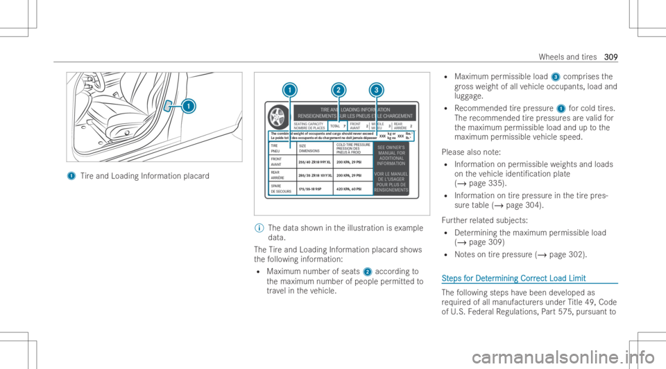 MERCEDES-BENZ CLS 2022  Owners Manual 1
Tire and Loadi ngInformatio nplacar d %
The datasho wnintheillust ration isex am ple
dat a.
The Tire and Loadi ngInformatio nplacar dsho ws
th efo llo wing information:
R Maximum numberofseats 2acco