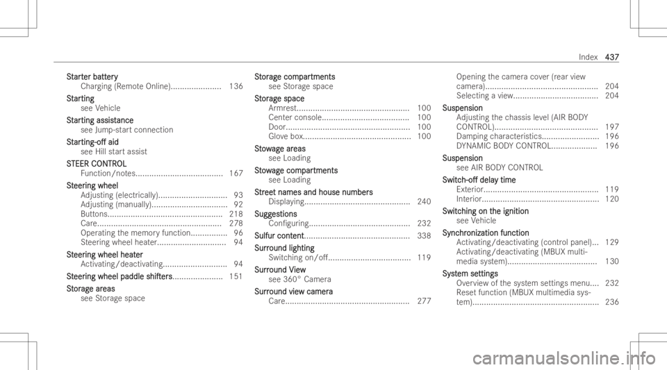 MERCEDES-BENZ CLS 2022  Owners Manual SS
t t
ar t ar
ter batt er
batt ery er
y
Char ging(R emo teOnlin e)...................... 136
St St
ar ar
tin g tin
g
see Vehicle
St St
ar ar
tin gassis t tin
gassis tance ance
see Jump-st artconn ect