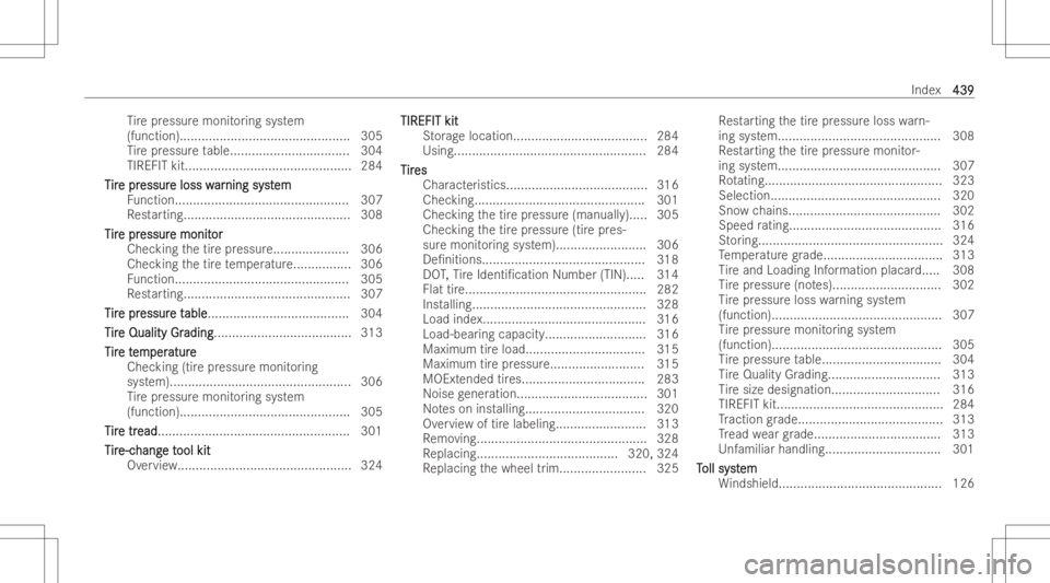 MERCEDES-BENZ CLS 2022  Owners Manual Ti
re pressur emonit oring system
(function )............................................... 305
Ti re pressur eta ble .................................3 04
TIREFIT kit................................