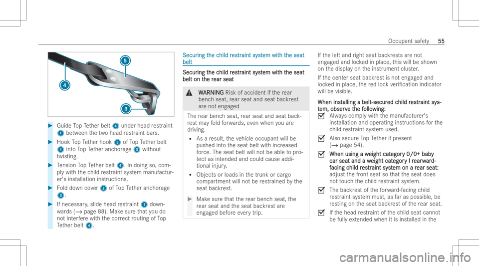 MERCEDES-BENZ CLS 2022  Owners Manual #
Guide TopTe ther belt 4under headrestr aint
1 betwee nth etw ohead restr aint bars. #
Hook TopTe ther hook 5ofTopTe ther belt
4 intoTo pTe ther anc horage3 without
twistin g. #
Tensio nTo pTe ther b