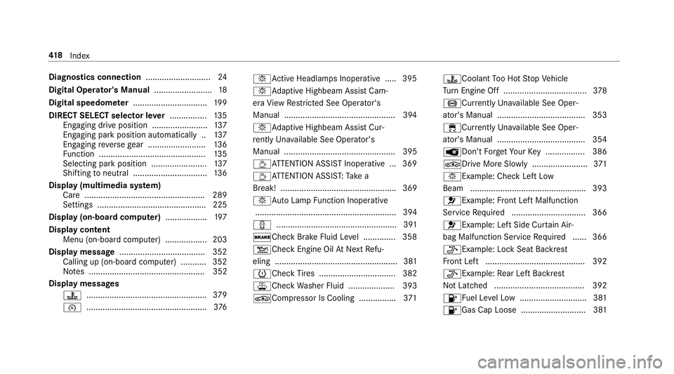 MERCEDES-BENZ E CLASS 2017  Owners Manual Diagnostics connection ............................ 24
Digita lO pe ra to r' sM an ua l ........................ .1 8
Digita ls pe edome te r ................................ 19 9
DIRECT SELECT se