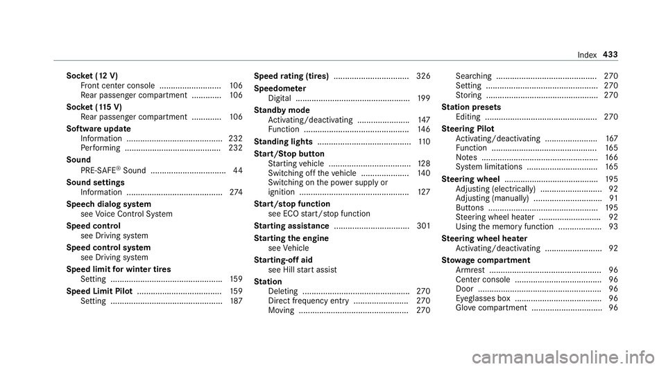 MERCEDES-BENZ E CLASS 2017  Owners Manual Soc ke t( 12 V)
Fr ont center console ........................... 10 6
Re ar passenger compartment ............ .1 06
Soc ke t( 11 5V )
Re ar passenger compartment ............ .1 06
Softwar eu pdate
