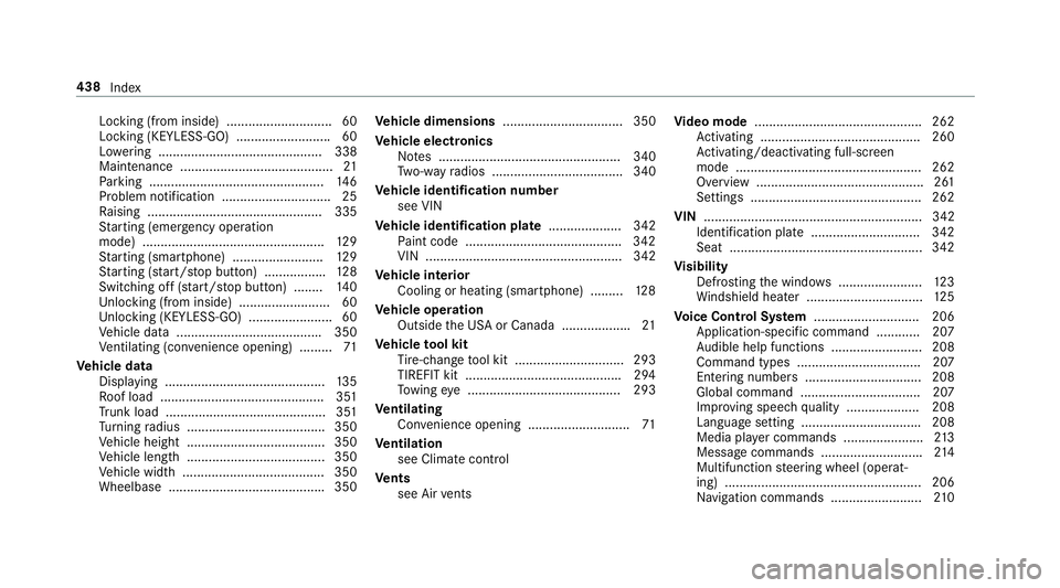 MERCEDES-BENZ E CLASS 2017  Owners Manual Locking (from inside ). ............................ 60
Locking (KEYLESS-GO) ......................... .6 0
Lo we ri ng ............................................. 338
Maintenance ..................