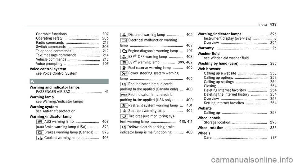 MERCEDES-BENZ E CLASS 2017  Owners Manual Operable functions .............................. 207
Operating saf et y. ................................ .2 06
Ra dio commands ................................ .2 13
Switc hc ommands ...............