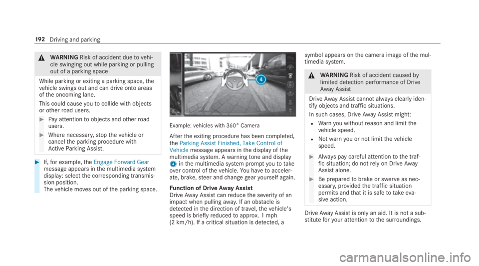 MERCEDES-BENZ E CLASS 2018  Owners Manual �q
WA RNING Risk of accident du etov ehi‐
cle swinging out while parking or pulling
out of ap arking space
While parking or ex itin gap arkin gs pace, th e
ve hicle swings out and can driv eo nt oa 