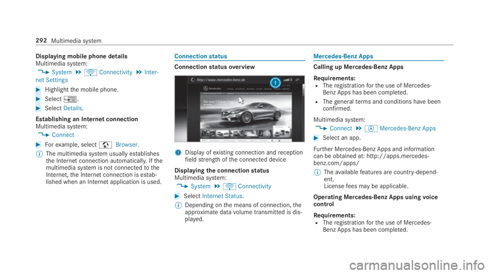 MERCEDES-BENZ E CLASS 2018  Owners Manual Displaying mobile phone details
Multimedia sy st em:�