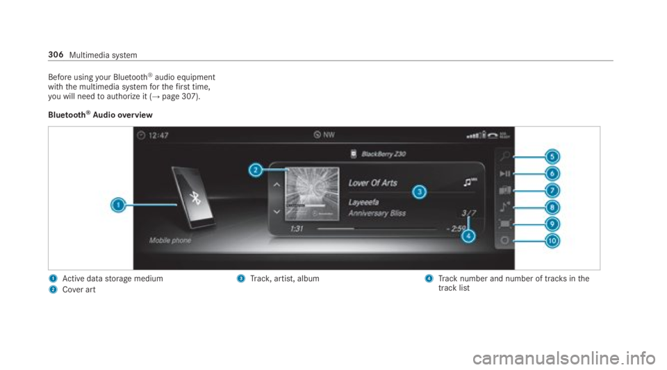 MERCEDES-BENZ E CLASS 2018  Owners Manual Befor eu sing yo ur Blue toot h ®
audio equipment
wit ht he multimedia sy st em fo rt he fi rs tt ime,
yo uw ill need to authorize it ( →
pag e3 07 ).
Blu et oo th ®
Au dio ove rv iew
1
Ac tiv ed 