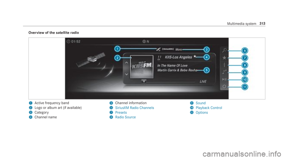 MERCEDES-BENZ E CLASS 2018  Owners Manual Overvie woft he satellit er adio
1
Ac tiv ef reque ncy band
2
Log oora lbum ar t( if av ailable)
3
Category
4
Channel name 5
Channel information
6
�6�L�U�L�X�V�;�0 �5�D�G�L�R �&�K�D�Q�Q�H�O�V
7
�3�U�H