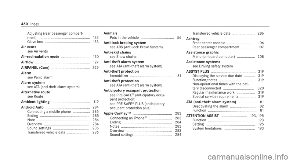 MERCEDES-BENZ E CLASS 2018 Owners Manual Ad justing (rea rp as senger compa rt ‐
ment) .................................................. .1 33
Gl ove bo x. ............................................ 13 3
Air ve nts
see Air ve nts
Ai r- MERCEDES-BENZ E CLASS 2018 Owners Manual Ad justing (rea rp as senger compa rt ‐
ment) .................................................. .1 33
Gl ove bo x. ............................................ 13 3
Air ve nts
see Air ve nts
Ai r-