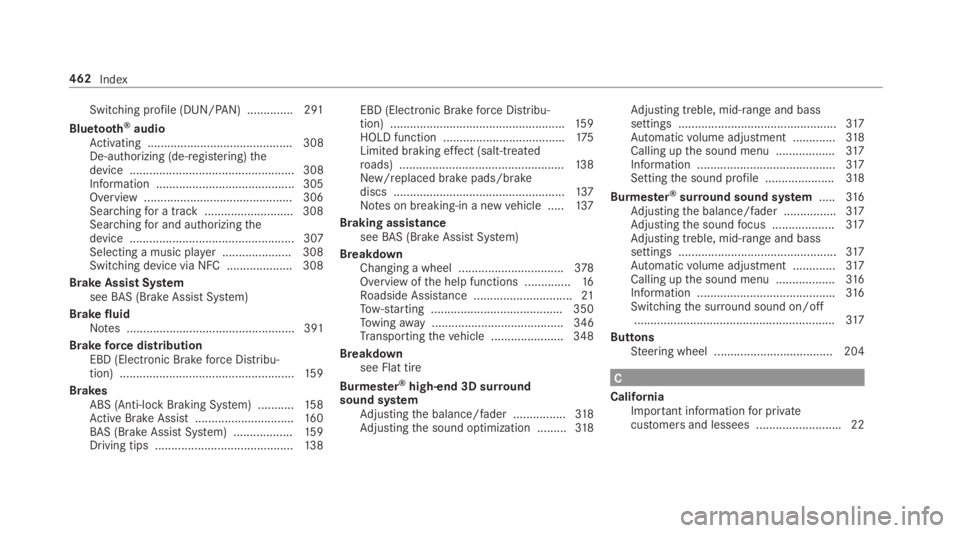 MERCEDES-BENZ E CLASS 2018  Owners Manual Switching profil e( DUN/PAN) .............. 291
Blue to ot h ®
audio
Ac tivating ............................................ 308
De-authorizing (de-regis te ri ng) th e
device ......................