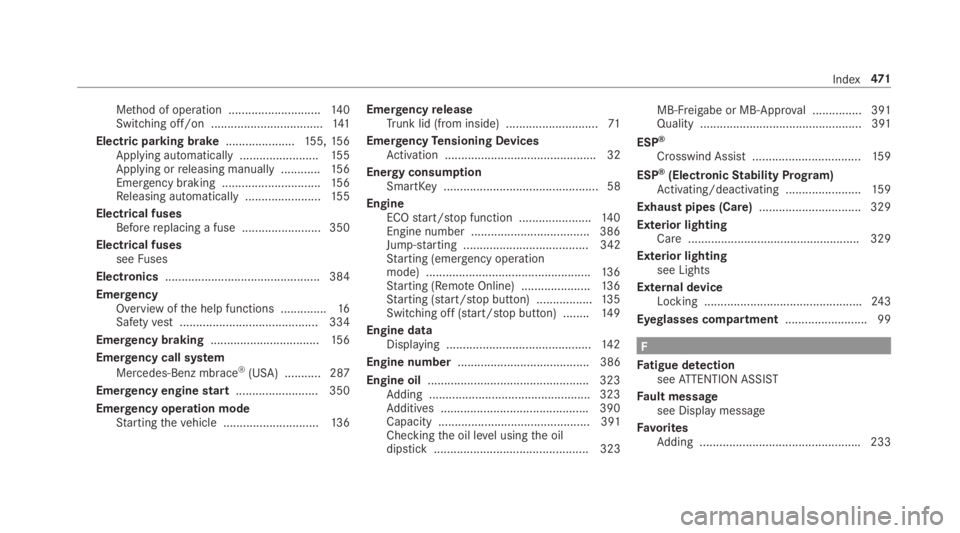 MERCEDES-BENZ E CLASS 2018  Owners Manual Me th od of operation ........................... .1 40
Switching off/on .................................. 14 1
Electric pa rk ing brake .................... .1 55, 15 6
App ly ing automaticall y. ..