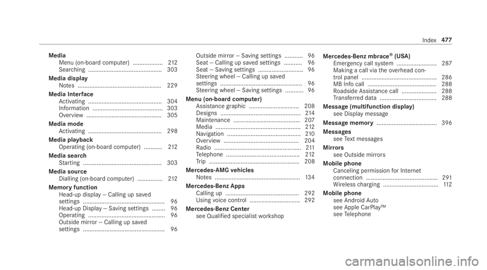 MERCEDES-BENZ E CLASS 2018  Owners Manual Media
Menu (on-boa rd compu te r) .................. 21 2
Sea rc hing ............................................ 303
Media display
No te s. ................................................. 229
Medi