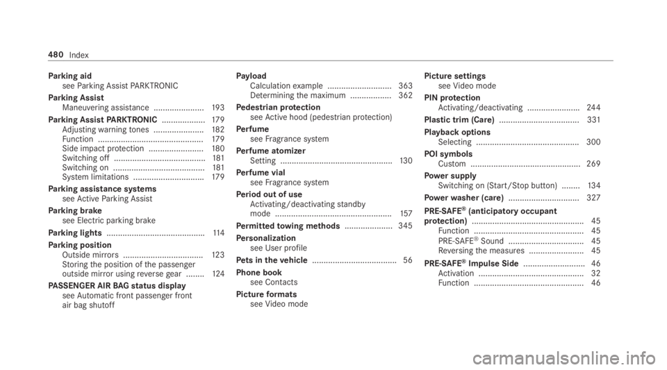 MERCEDES-BENZ E CLASS 2018 Owners Manual Pa rk ing aid
see Pa rk ing Assis tP ARKTRONIC
Pa rk ing Assist
Maneuvering assis ta nce ...................... 19 3
Pa rk ing Assis tP ARKTRON IC .................. .1 79
Ad justing wa rn ing to nes MERCEDES-BENZ E CLASS 2018 Owners Manual Pa rk ing aid
see Pa rk ing Assis tP ARKTRONIC
Pa rk ing Assist
Maneuvering assis ta nce ...................... 19 3
Pa rk ing Assis tP ARKTRON IC .................. .1 79
Ad justing wa rn ing to nes