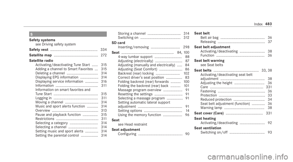 MERCEDES-BENZ E CLASS 2018 Owners Manual S
Saf et ys ys te ms
see Drivin gs af et ys ys te m
Saf et yv est .............................................. .3 34
Satelli te map ............................................ 27 2
Satellit er adio MERCEDES-BENZ E CLASS 2018 Owners Manual S
Saf et ys ys te ms
see Drivin gs af et ys ys te m
Saf et yv est .............................................. .3 34
Satelli te map ............................................ 27 2
Satellit er adio