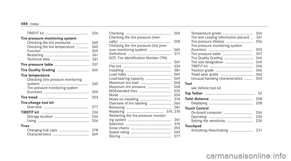 MERCEDES-BENZ E CLASS 2018 Owners Manual TIREFIT kit .......................................... .3 36
Ti re pressur em oni to ri ng sy st em
Checkin gt he tir ep re ssures ............... .3 60
Che ck ing th et ir et emperatur e. ........... MERCEDES-BENZ E CLASS 2018 Owners Manual TIREFIT kit .......................................... .3 36
Ti re pressur em oni to ri ng sy st em
Checkin gt he tir ep re ssures ............... .3 60
Che ck ing th et ir et emperatur e. ...........